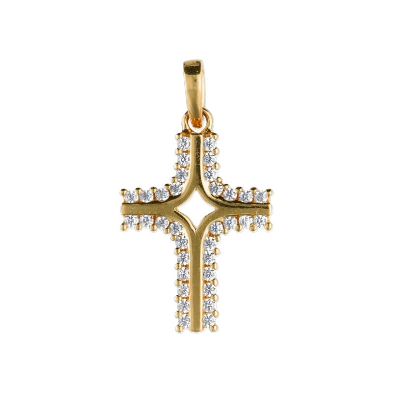 Splendida Croce in Oro Giallo 750 con Zirconi, un gioiello di lusso perfetto per un'idea regalo preziosa.