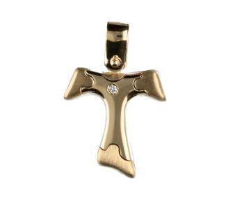 Splendente Croce Tau in oro 18k con diamante, un gioiello di lusso perfetto per un regalo prezioso. Scopri la nostra collezione di gioielli diamanti.