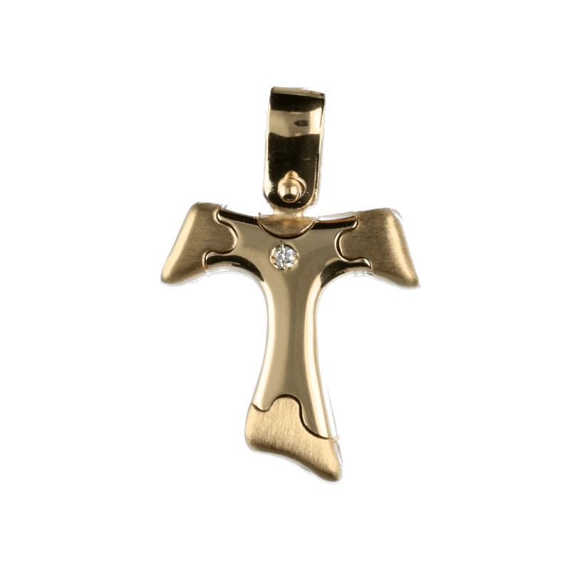 Splendente Croce Tau in oro 18k con diamante, un gioiello di lusso perfetto per un regalo prezioso. Scopri la nostra collezione di gioielli diamanti.