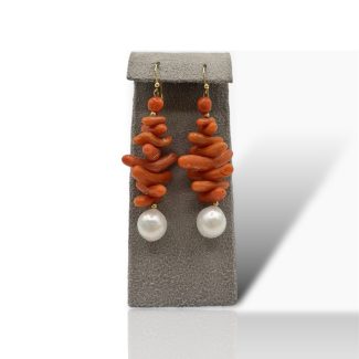 Sciacca Coral Earrings with Baroque Pearls, 18kt Gold