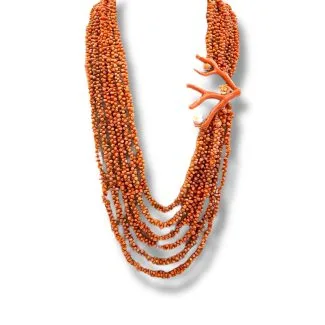 Women's 6-Strand Sciacca Coral Necklace with 18kt Gold Branch