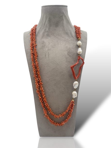 Collana in Corallo Sciacca con Creola, Perle Barocche e Oro 750