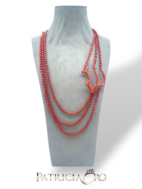 Collana 3 Fili in Corallo Sciacca con Ramo Oro 18kt
