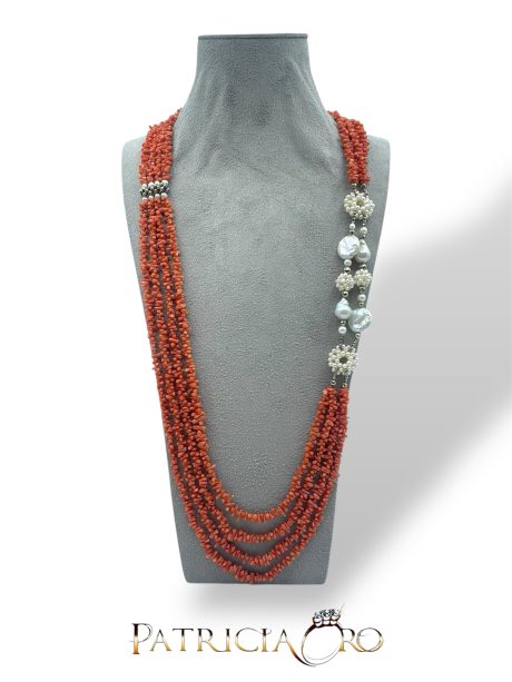 Collana Corallo Sciacca 4 Fili con Perle Barocche e Ematite Brown