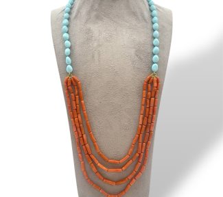 Splendida collana da donna in corallo e turchese, un gioiello made in italy di Patricia Oro Creations, perfetto per un regalo prezioso.