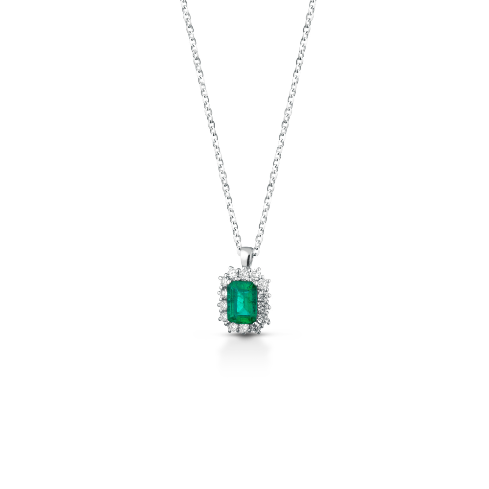 La Collana Smeraldo Clesi in oro bianco 750 con diamanti, un capolavoro di alta gioielleria, ideale per un regalo prezioso.