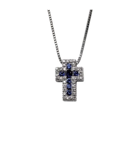 Croce in Oro Bianco 18kt con Diamanti e Zaffiri Davite & Delucchi