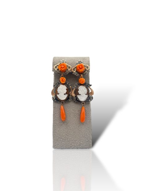 Orecchini Corallo Sciacca con Cammeo Stile Antico Oro 585