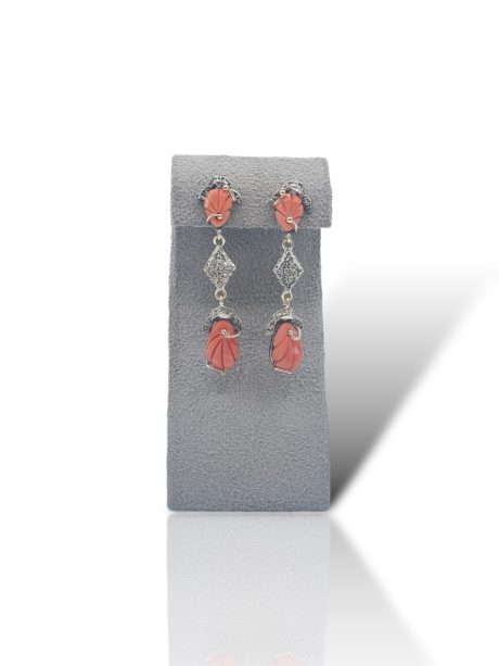 Orecchini Corallo Sciacca Stile Antico con Diamanti Piatti Oro 14kt