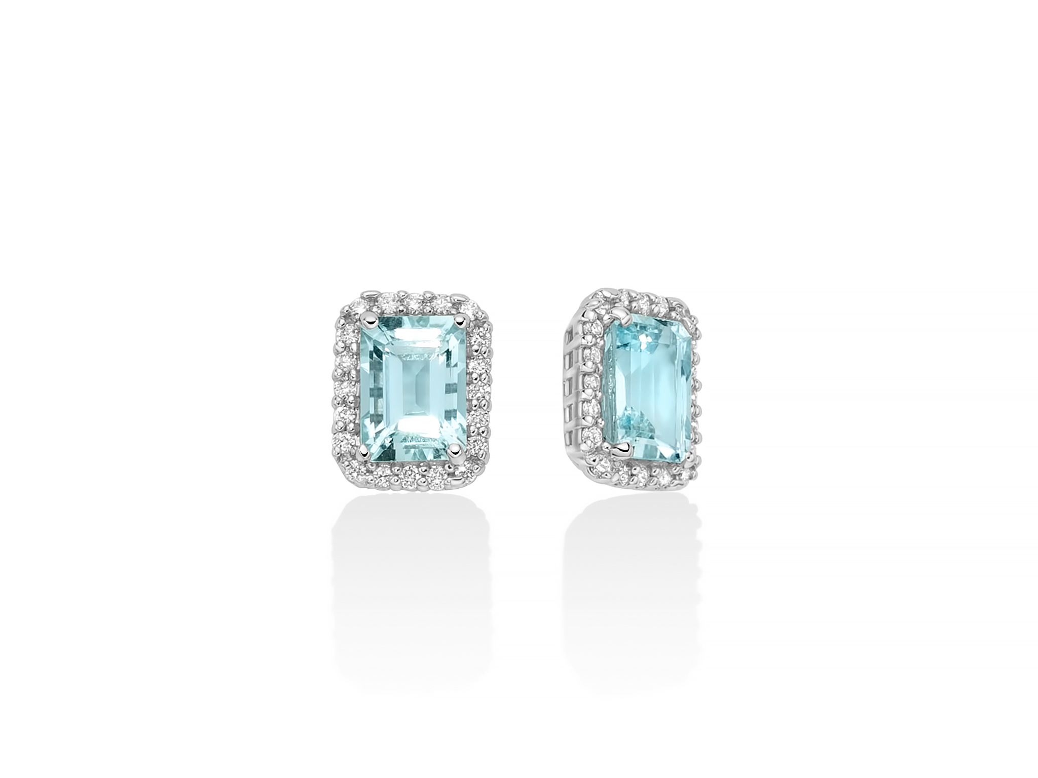 Splendidi orecchini Miluna con acquamarina ottagonale e diamanti in oro 750, un esempio di gioielli diamanti di alta gioielleria italiana.