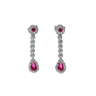 18kt White Gold Drop Earrings with White and Red Zirconia