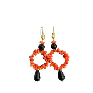 Sciacca Coral and Onyx Earrings in 925 Sterling Silver