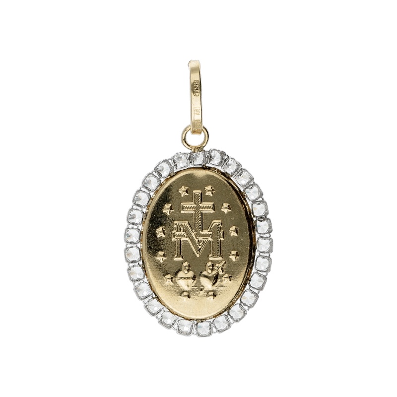 Splendido ciondolo Madonna Immacolata in oro bicolore 750, un gioiello di lusso perfetto come idea regalo preziosa. (Vista 2)