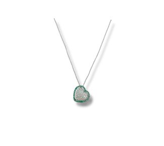 Splendida collana Cuore Smeraldo e Diamanti in Oro 750, un capolavoro di alta gioielleria con smeraldi preziosi.