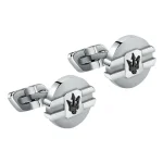 Gemelli Maserati Jewels in acciaio silver e nero: un gioiello di lusso per l'uomo, perfetto come idea regalo preziosa. (Vista 2)