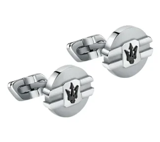 Gemelli Maserati Jewels in acciaio silver e nero: un gioiello di lusso per l'uomo, perfetto come idea regalo preziosa. (Vista 2)