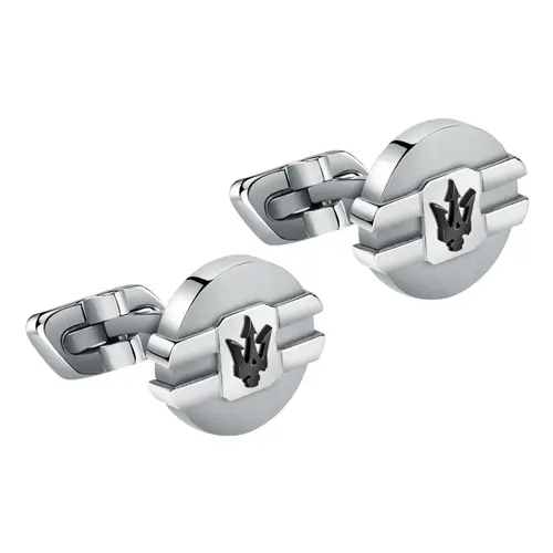 Gemelli Maserati Jewels in acciaio silver e nero: un gioiello di lusso per l'uomo, perfetto come idea regalo preziosa. (Vista 2)