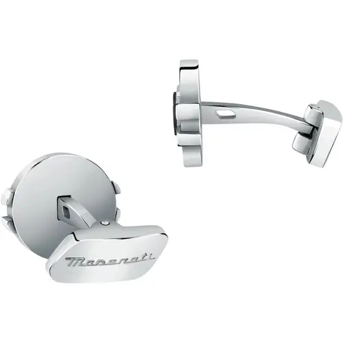 Gemelli Maserati Jewels in acciaio silver e nero: un gioiello di lusso per l'uomo, perfetto come idea regalo preziosa. (Vista 3)