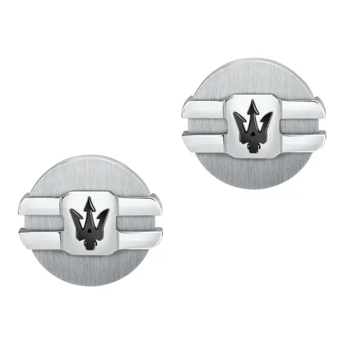 Gemelli Maserati Jewels in acciaio silver e nero: un gioiello di lusso per l'uomo, perfetto come idea regalo preziosa.