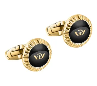 Eleganti gemelli Philip Watch in acciaio dorato e smalto nero, un perfetto esempio di gioielli di lusso per l'uomo che ama distinguersi.