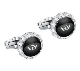 Eleganti gemelli Philip Watch in acciaio e smalto nero, un perfetto esempio di gioielli di lusso per l'uomo moderno.