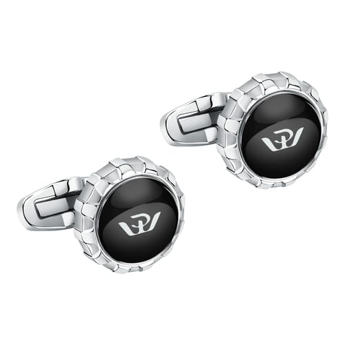Eleganti gemelli Philip Watch in acciaio e smalto nero, un perfetto esempio di gioielli di lusso per l'uomo moderno.