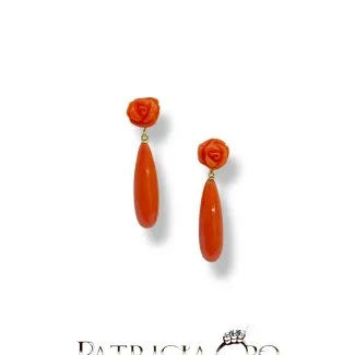 Corallo Sciacca Rose Earrings with Engraved Rose and 18kt Gold Drop