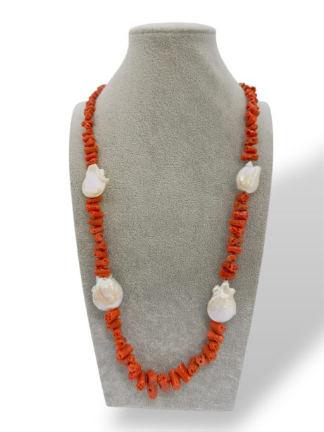 Collana Corallo Sciacca con Perle Barocche e Chiusura Argento 925