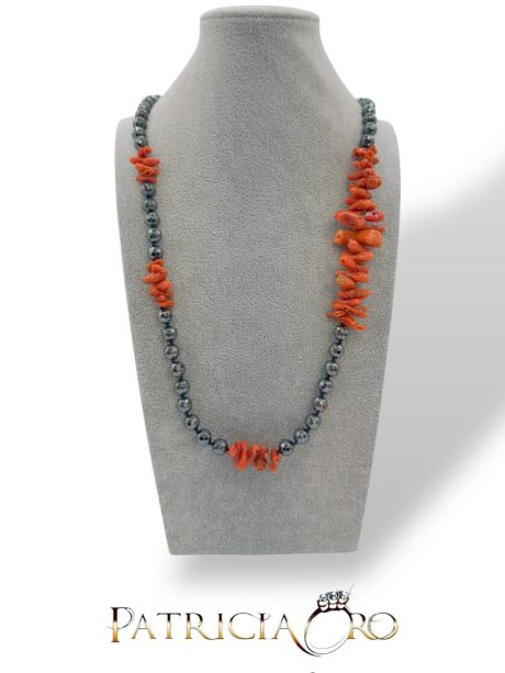 Collana Corallo Sciacca con Ematite Silver Lunga 80 cm