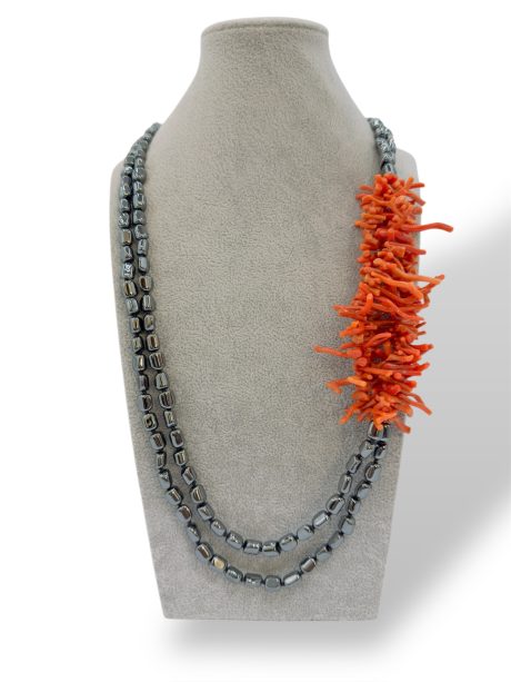 Collana Lunga Corallo Sciacca con Ematite Silver