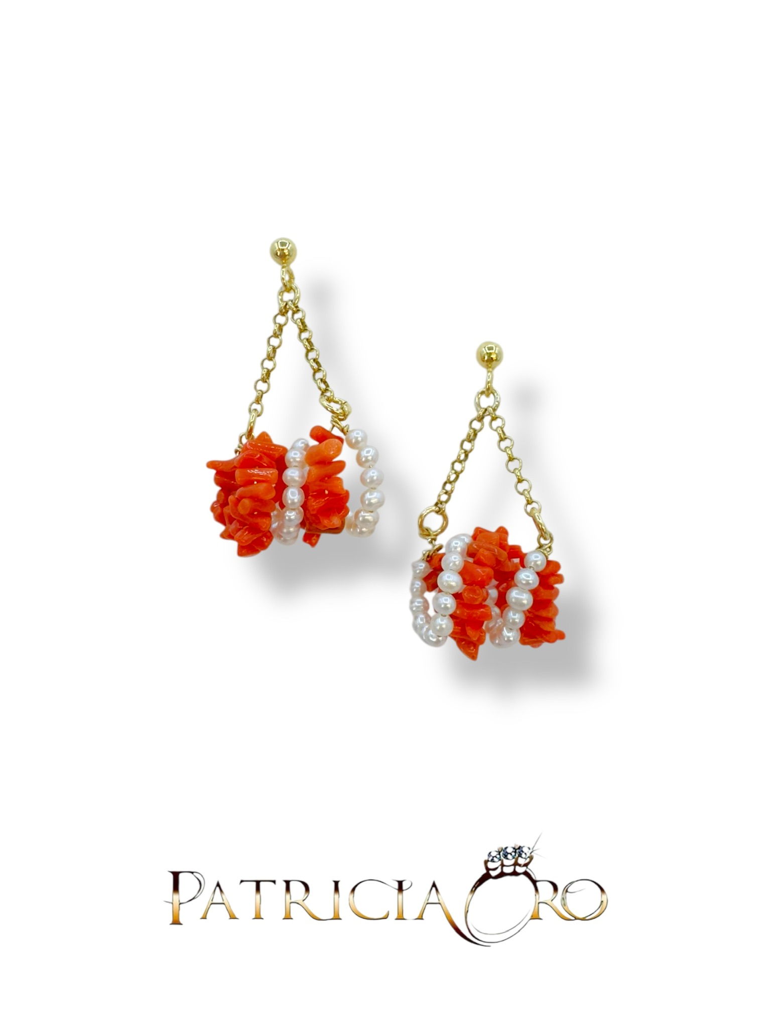 Splendidi orecchini Corallo Sciacca e Perle, gioielli made in italy di Patricia Oro Creations, un'eccellenza dell'alta gioielleria.