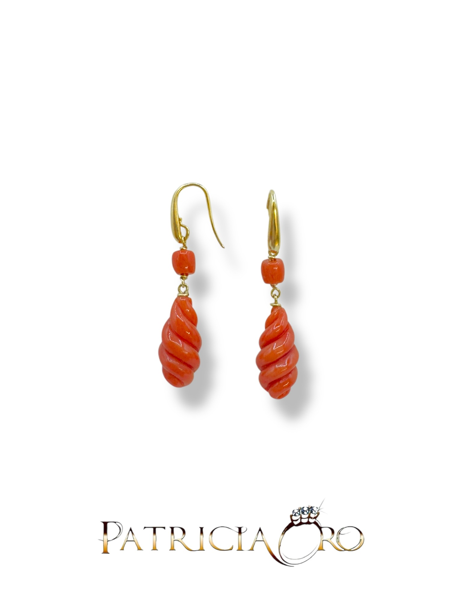 Splendidi orecchini a spirale Corallo Sciacca, gioielli made in italy di Patricia Oro Creations, un'eccellenza dell'artigianato orafo. (Vista 2)