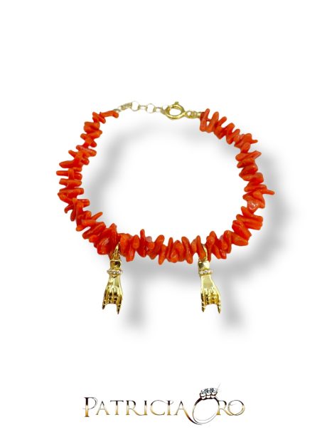 Bracciale Corallo Mani Con Corna Argento 925 e Zirconi