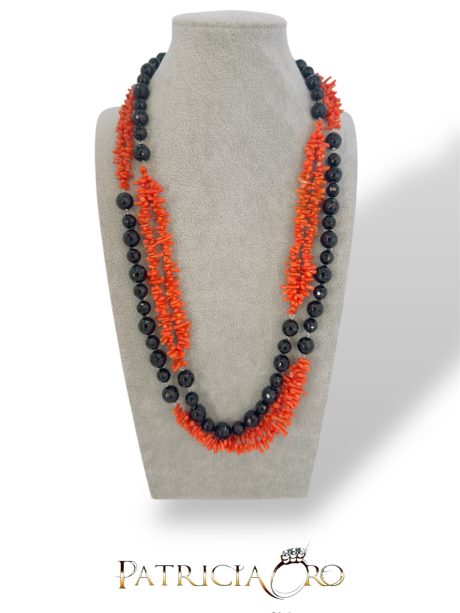 Collana Lunga Corallo e Onice in Argento 925