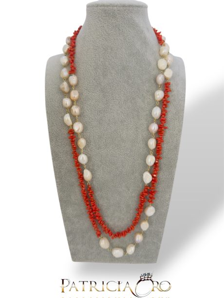 Collana Corallo e Perle Barocche 120 cm Argento 925