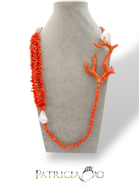 Collana Corallo Sciacca Ramo in Oro 750 con Perle Barocche