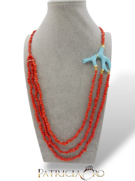 Collana Corallo Sciacca Turchese 3 Fili Argento 925
