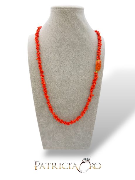 Collana Lunga Corallo Sciacca con Scultura Floreale in Argento Dorato 925