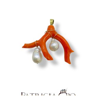 Sciacca Coral Branch and Baroque Pearl Pendant 9kt Gold