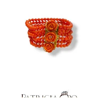Coral Bracelet with Engraved Roses 18kt Gold