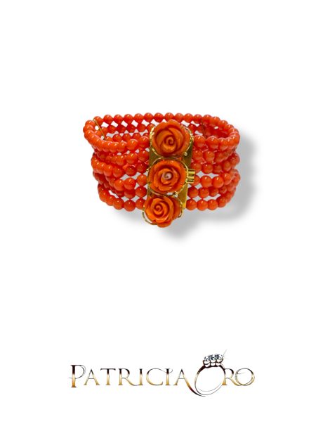 Bracciale Corallo con Rose Incise Oro 750