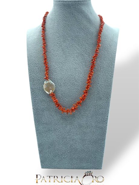 Collana Corallo e Perla Barocca 51 cm Argento 925