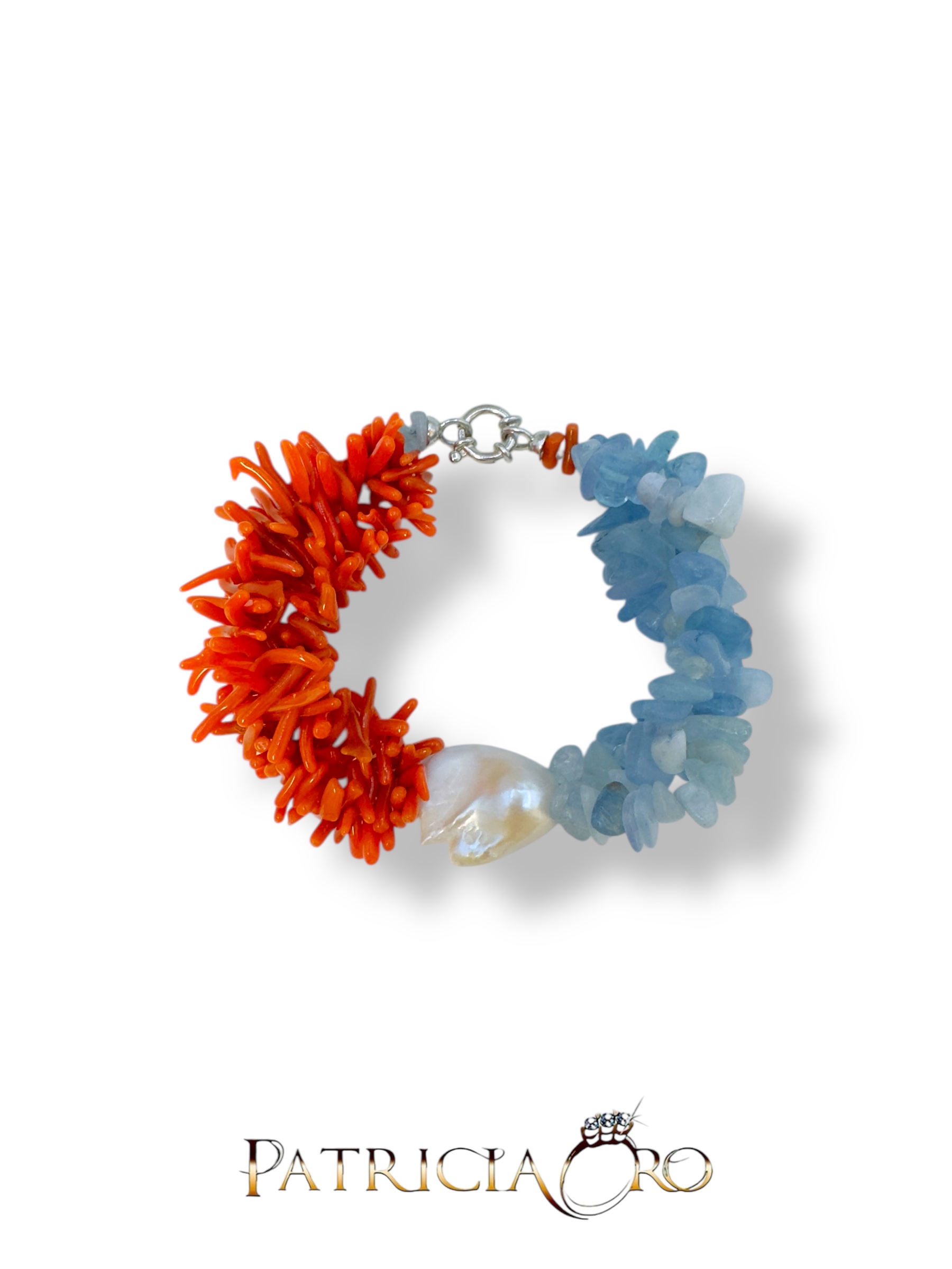 Splendido bracciale con acqua marina, corallo e perle, un gioiello made in italy di Patricia Oro Creations, perfetto per un'idea regalo preziosa.