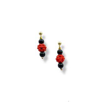 Coral and Onyx Drop Earrings in 925 Sterling Silver