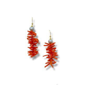 Sciacca Coral and Grey Pearl Drop Earrings in 925 Sterling Silver