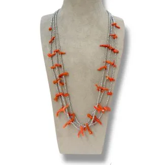 3-Strand Sciacca Coral and Hematite Raw Nugget Necklace