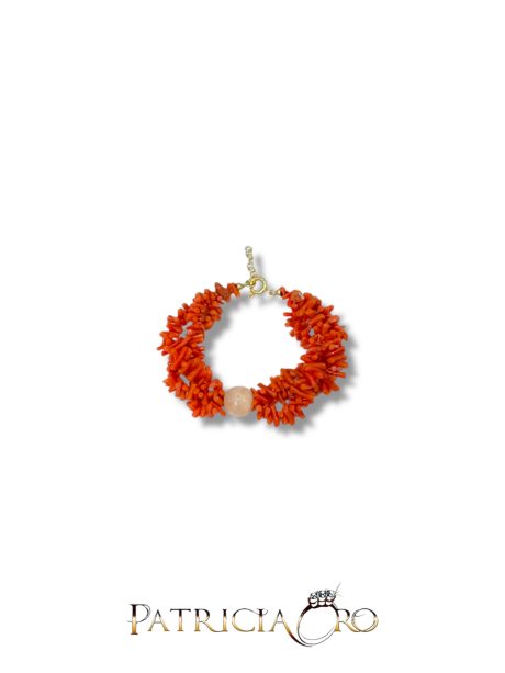 Bracciale Donna 3 Fili Corallo Sciacca e Pietra Luna con Chiusura Argento 925
