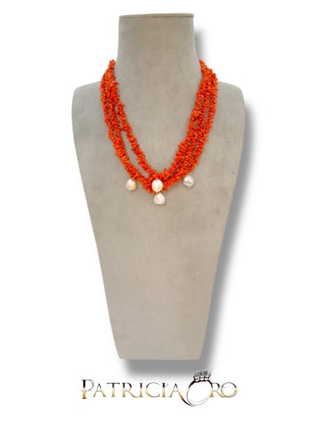Collana 3 Fili Corallo Sciacca con Perle Barocche