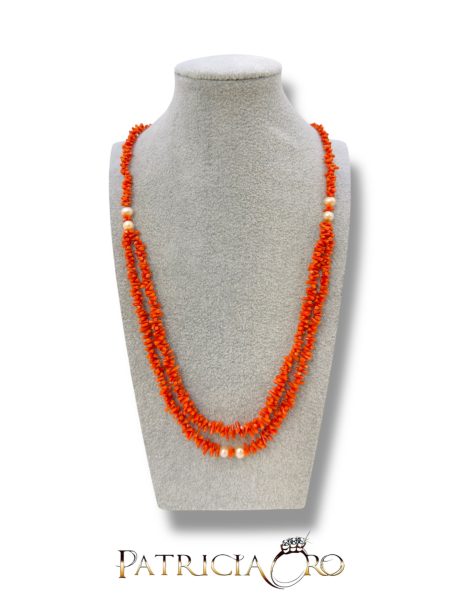 Collana donna con Corallo Sciacca e perle 70 cm