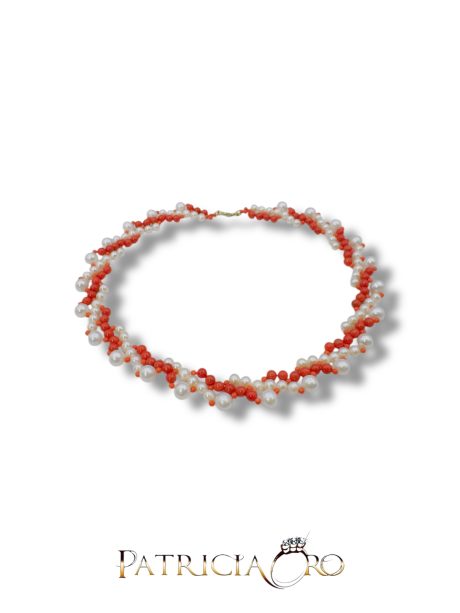 Collana Donna in Corallo Sferico di Sciacca e Perle con Oro 18k